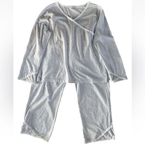 Garnet Hill Asian Wrap Pajamas Organic Cotton Gray Fan Print Size Large